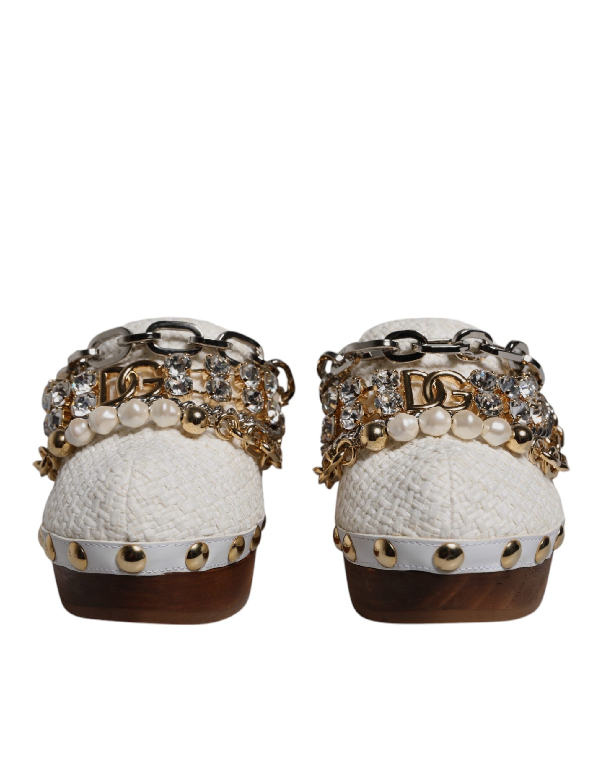Vita Raffia Träskor Bejeweled Kedjesandaler Skor