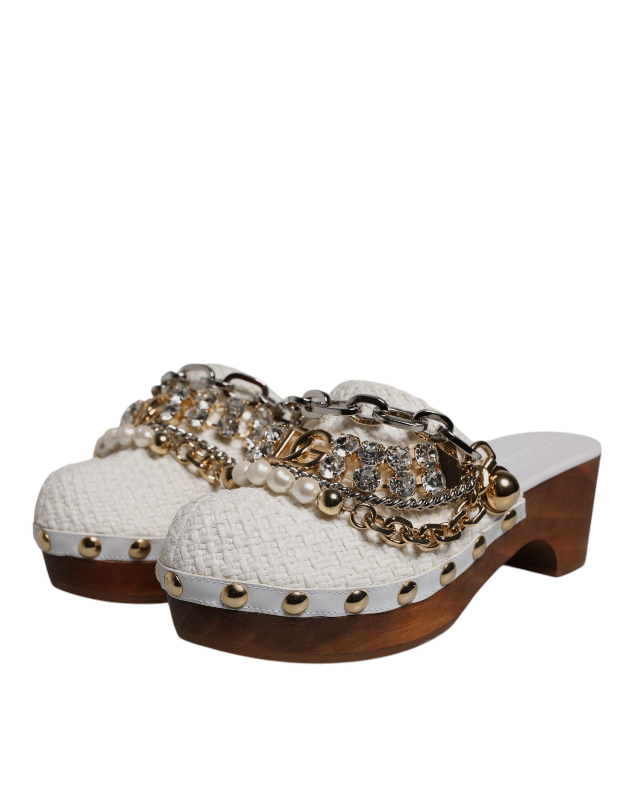 Vita Raffia Träskor Bejeweled Kedjesandaler Skor