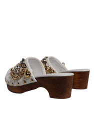 Dolce & Gabbana White Raffia Clogs Bejeweled Chain Sandals Shoes