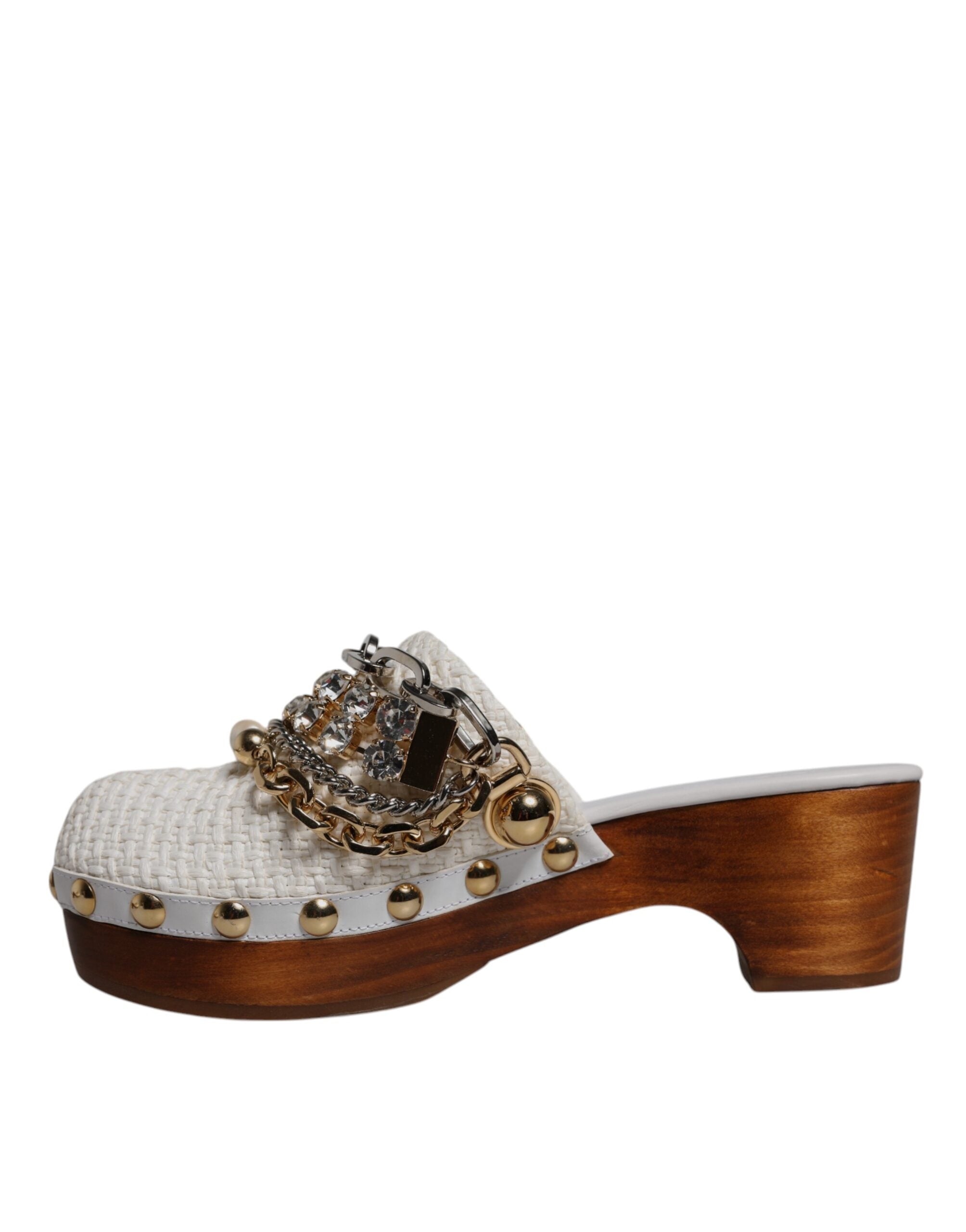 Vita Raffia Träskor Bejeweled Kedjesandaler Skor