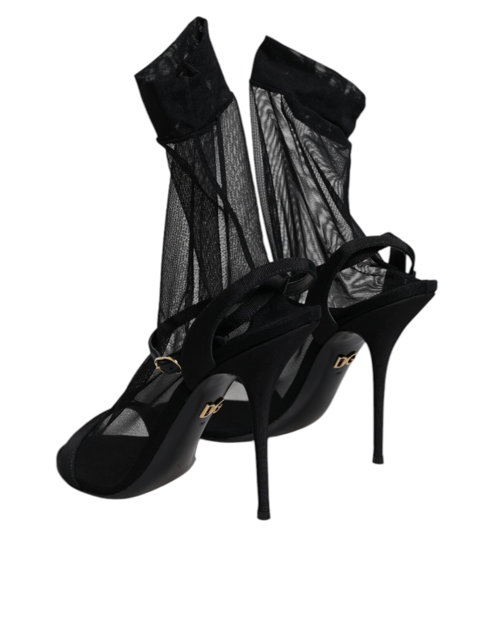 Dolce & Gabbana Black Tulle Stretch Heels Sandals Shoes