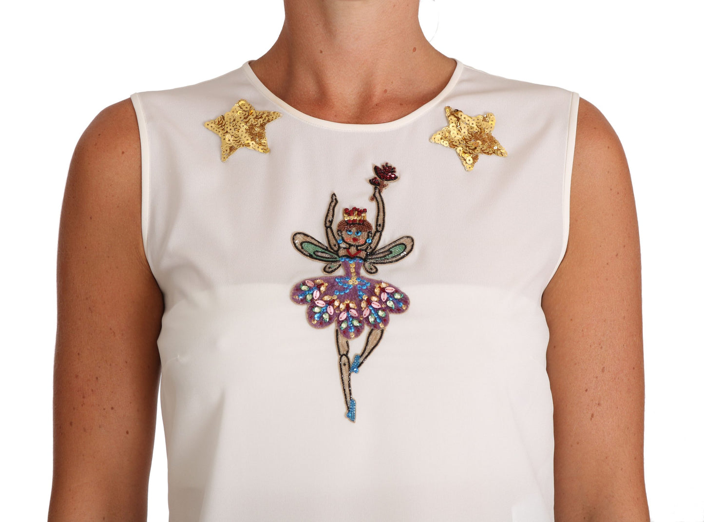 Dolce &amp; Gabbana Vit Sidenutsmyckad Kristallpaljettopp med Feer