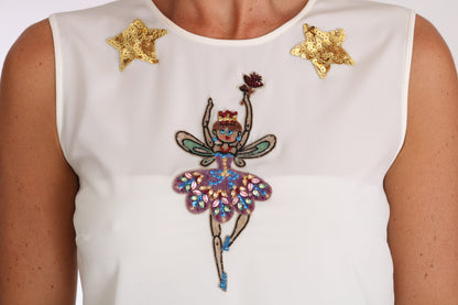 Dolce &amp; Gabbana Vit Sidenutsmyckad Kristallpaljettopp med Feer