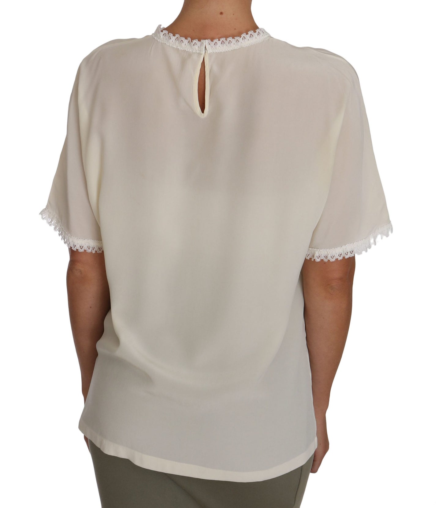 Dolce &amp; Gabbana Hvit Kremfarget Silke Blondetopp Bluse T-skjorte