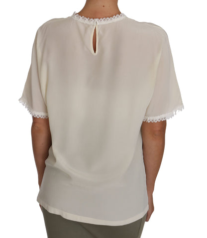 Dolce &amp; Gabbana Hvit Kremfarget Silke Blondetopp Bluse T-skjorte