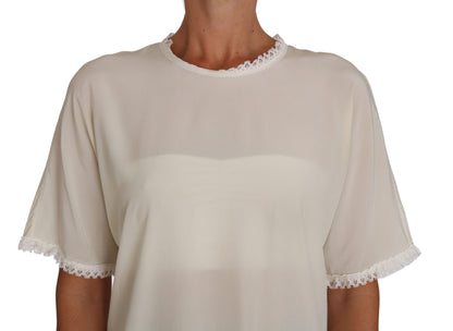 Dolce &amp; Gabbana Hvit Kremfarget Silke Blondetopp Bluse T-skjorte