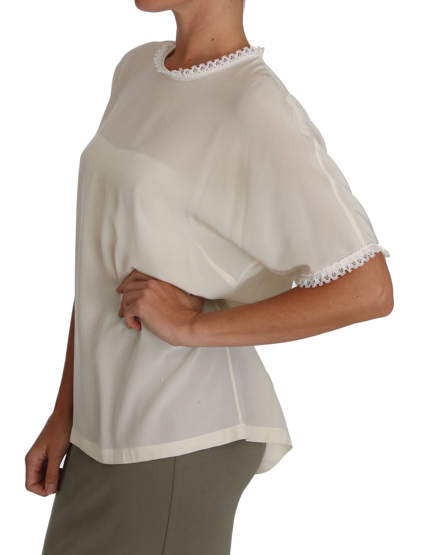 Dolce &amp; Gabbana Hvit Kremfarget Silke Blondetopp Bluse T-skjorte