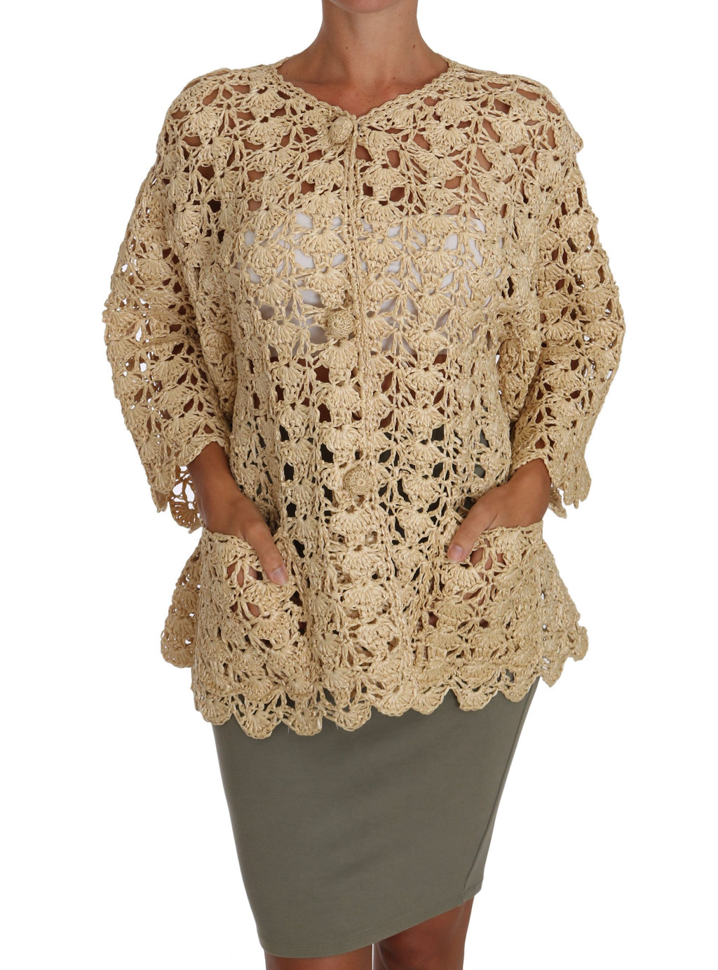 Beige Cardigan Heklet Strikket Raffiagenser