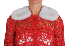Dolce & Gabbana Red Cardigan Crochet Knit Raffia Sweater