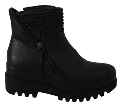 Ovyé Black Leather Zipper Ankle Boots Shoes