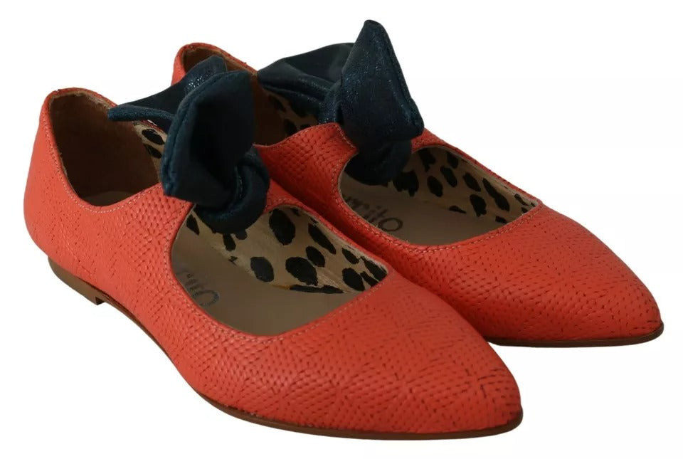 EBARRITO Orange Leather Bow Slip-on Loafers Ballet Flat Shoes