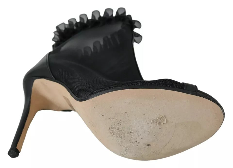 Svarta Lädernät Stilettklackar Peep Toe Stövlar Skor