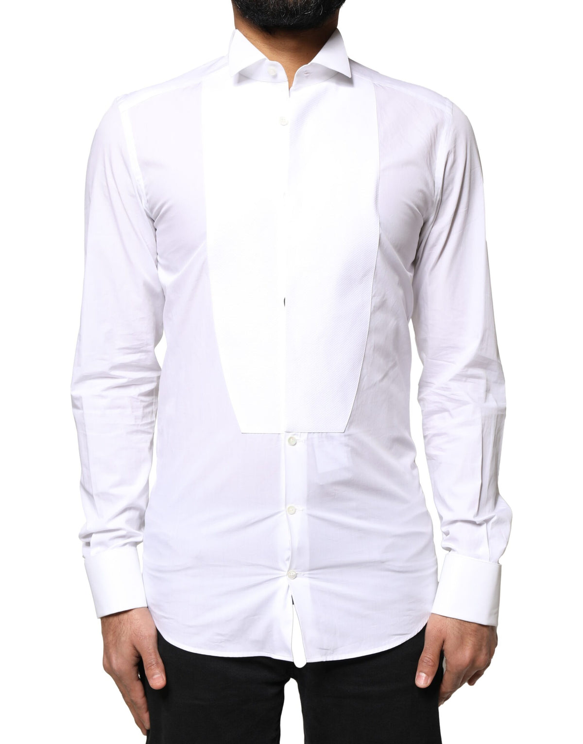 Dolce & Gabbana White GOLD Cotton Poplin Bib Formal Men Dress Shirt