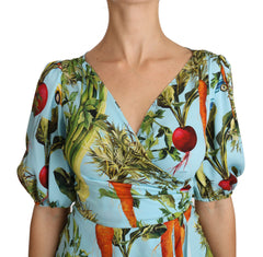 Dolce & Gabbana Multicolor Vegetable Print Silk Top Peplum Wrap Blouse
