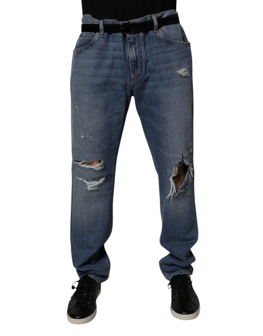 Dolce &amp; Gabbana Blå Raka Jeans i Slitna Bomull