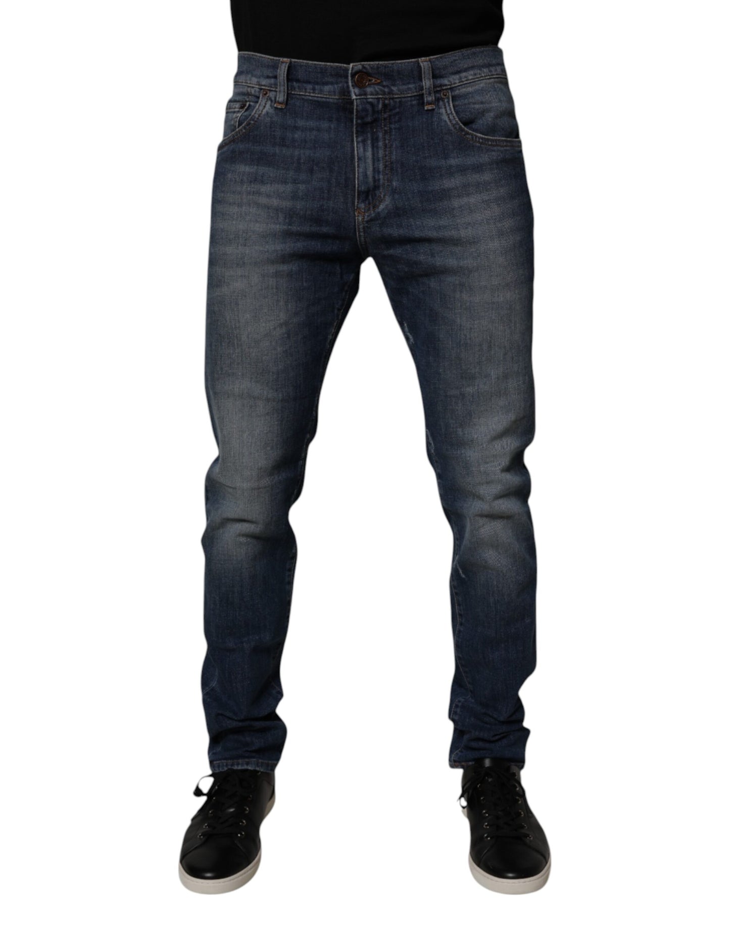 Dolce &amp; Gabbana mørkeblå skinny denimjeans i bomull og skinn