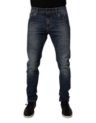 Dolce & Gabbana Dark Blue Cotton Leather Skinny Denim Jeans