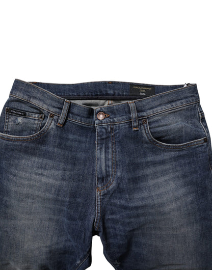 Dolce &amp; Gabbana mørkeblå skinny denimjeans i bomull og skinn