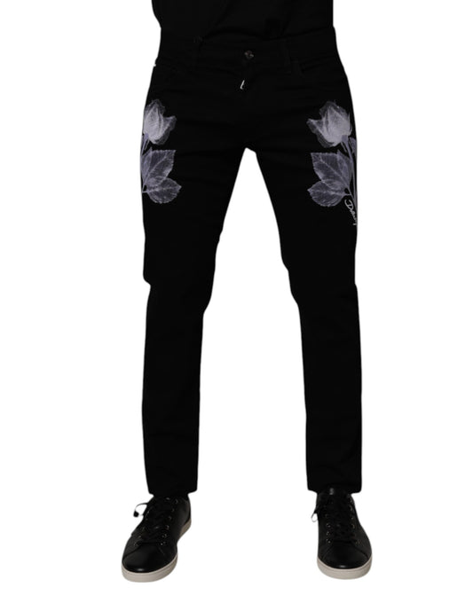 Dolce &amp; Gabbana Svarta Blommiga Bomulls Skinny Herrjeans