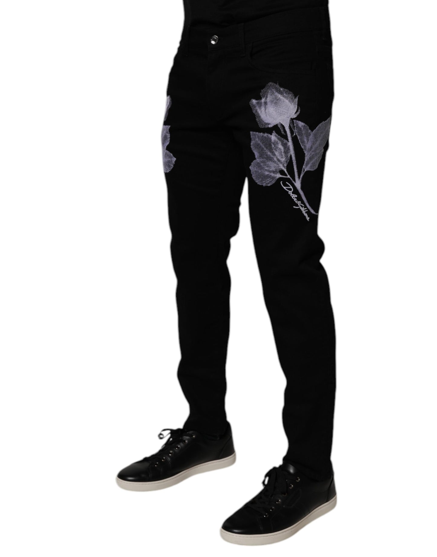 Dolce &amp; Gabbana Svarte Blomstrete Bomull Skinny Herre Denim Jeans