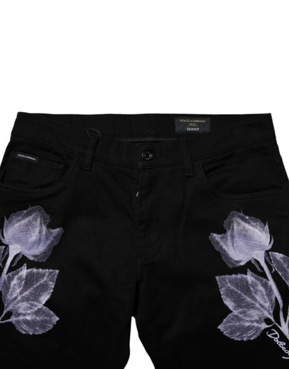 Dolce &amp; Gabbana Svarte Blomstrete Bomull Skinny Herre Denim Jeans