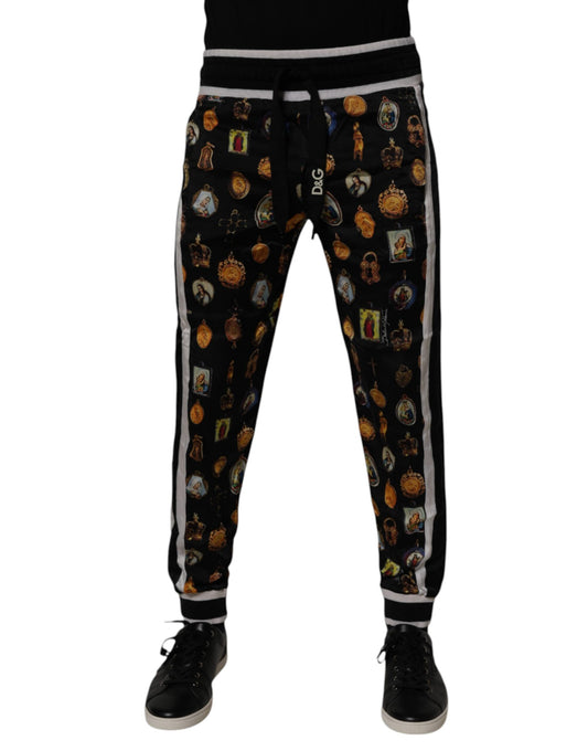 Dolce &amp; Gabbana Svarta Joggingbyxor i Siden med Religiöst Tryck