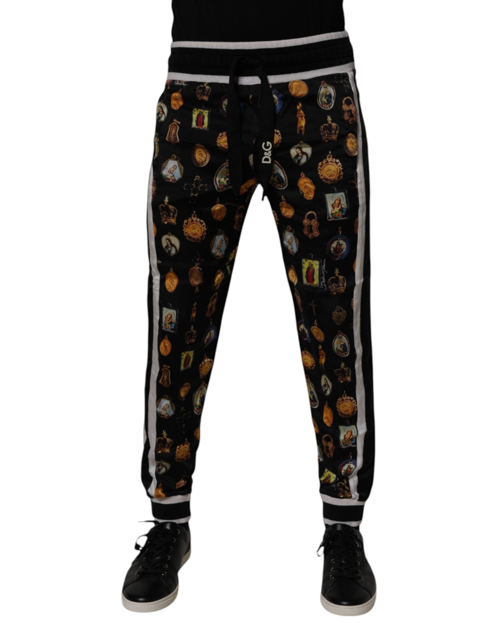 Dolce & Gabbana Black Religious Print Silk Men Jogger Pants