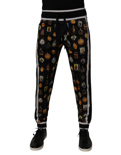 Dolce &amp; Gabbana Svarta Joggingbyxor i Siden med Religiöst Tryck