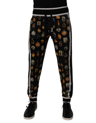 Dolce & Gabbana Black Religious Print Silk Men Jogger Pants