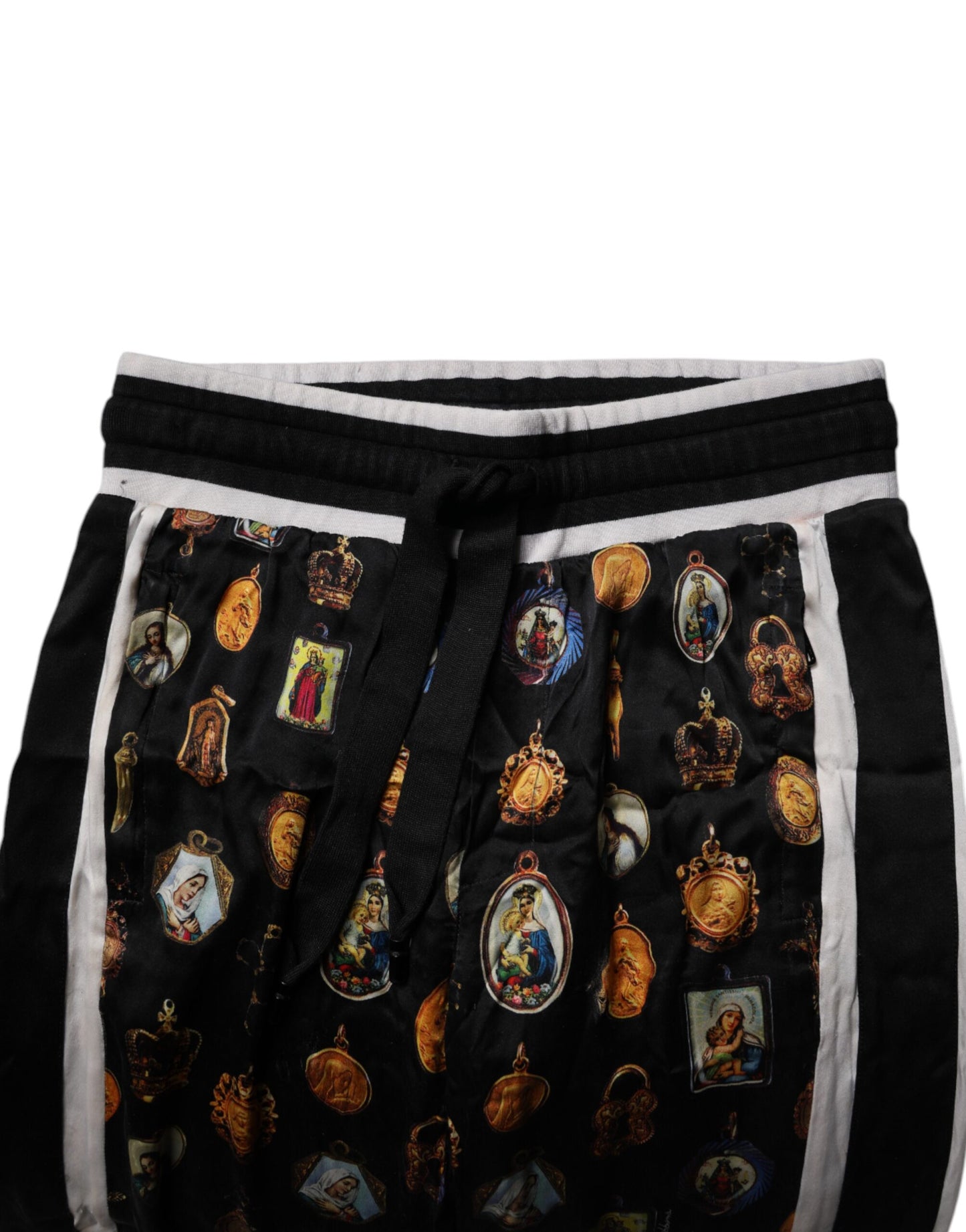 Dolce &amp; Gabbana Svarta Joggingbyxor i Siden med Religiöst Tryck