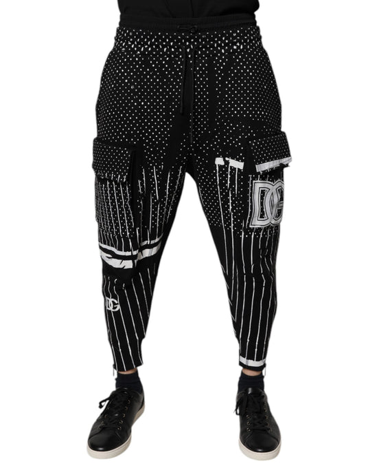 Dolce &amp; Gabbana Svarta Prickiga Randiga Cargo Jogger Träningsbyxor
