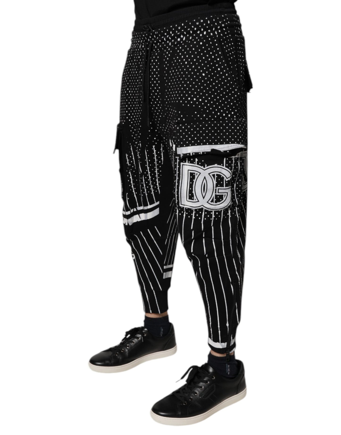 Dolce &amp; Gabbana Svarta Prickiga Randiga Cargo Jogger Träningsbyxor