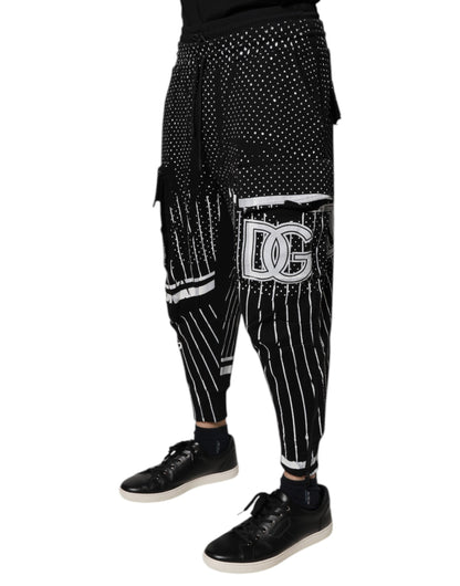Dolce &amp; Gabbana Svarta Prickiga Randiga Cargo Jogger Träningsbyxor
