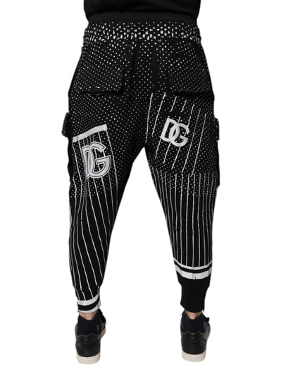 Dolce &amp; Gabbana Svarta Prickiga Randiga Cargo Jogger Träningsbyxor