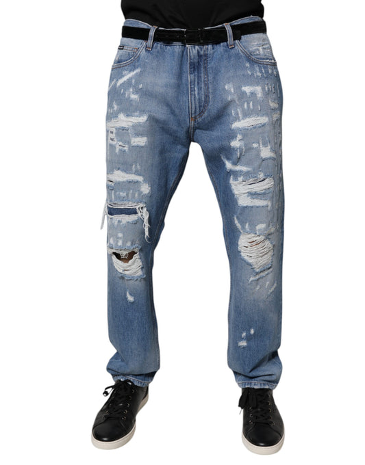 Dolce &amp; Gabbana Blå Trasiga Raka Bomullsjeans