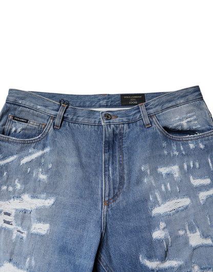 Dolce &amp; Gabbana Blå Trasiga Raka Bomullsjeans