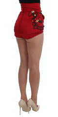 Dolce & Gabbana Red Silk Crystal Roses Shorts