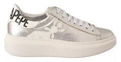 Patrizia Pepe Silver Full Grain Leather Lace Up Sneakers Shoes