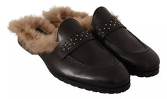 Peserico Black Leather Fur Perforated Slip On Flats Shoes