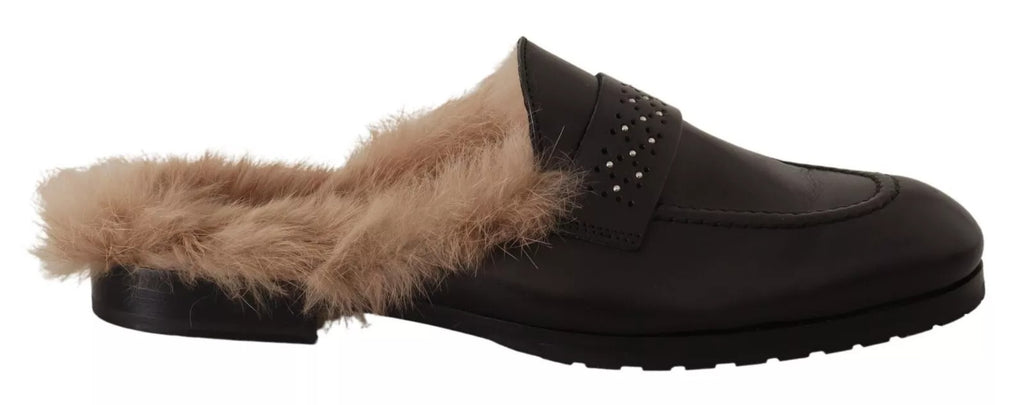 Svarta läderpäls perforerade slip-on platta skor