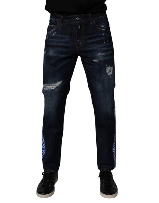 Dolce &amp; Gabbana mörkblå bomullsslitna skinny denimjeans