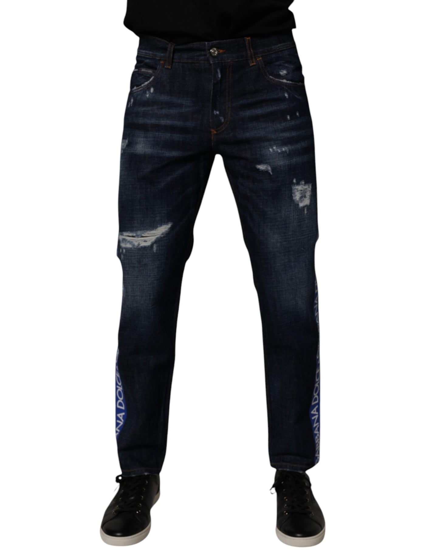 Dolce &amp; Gabbana mörkblå bomullsslitna skinny denimjeans