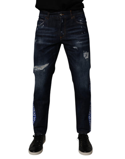 Dolce &amp; Gabbana mörkblå bomullsslitna skinny denimjeans