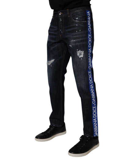 Dolce &amp; Gabbana mörkblå bomullsslitna skinny denimjeans