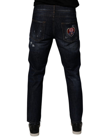 Dolce &amp; Gabbana mörkblå bomullsslitna skinny denimjeans