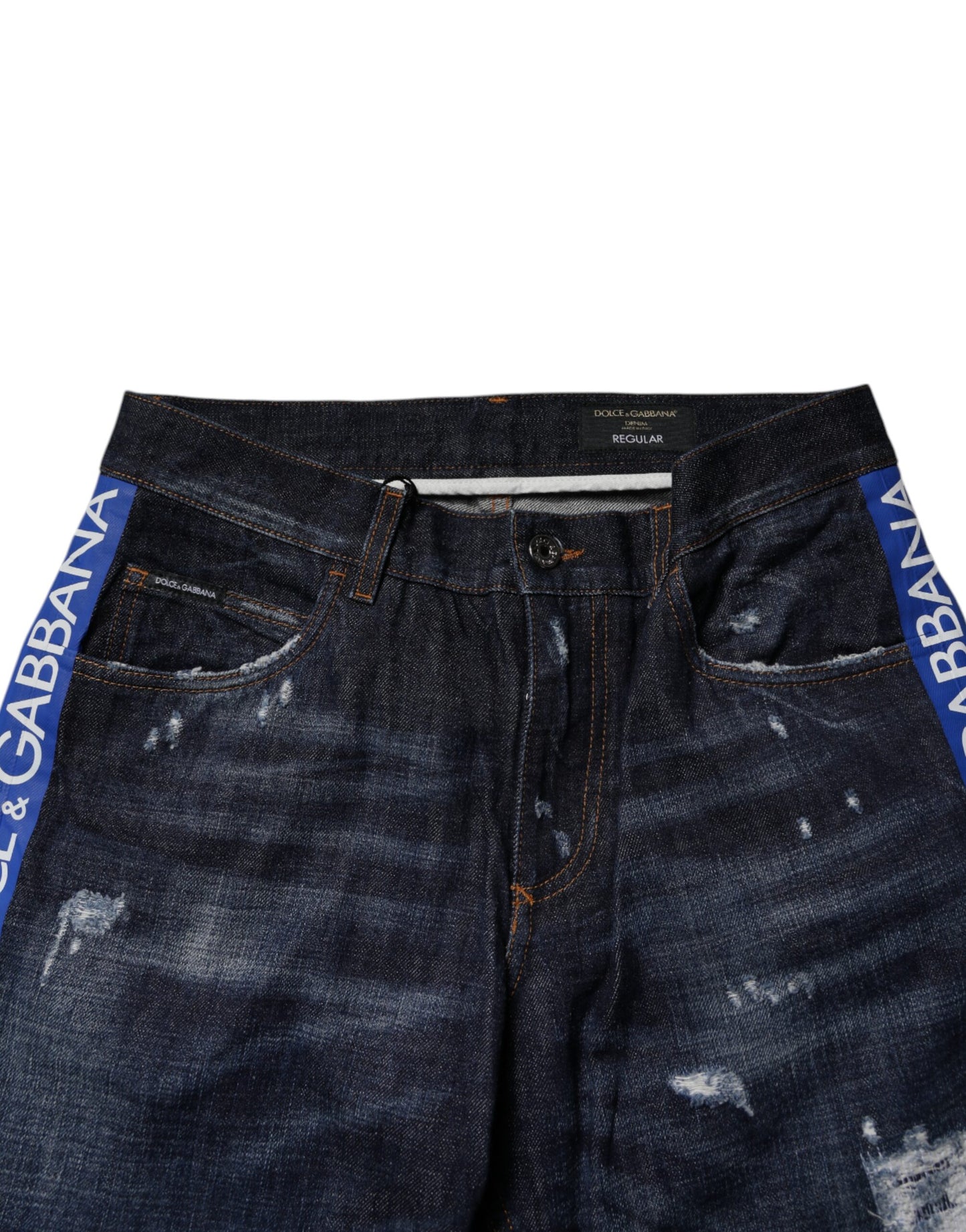 Dolce &amp; Gabbana mörkblå bomullsslitna skinny denimjeans