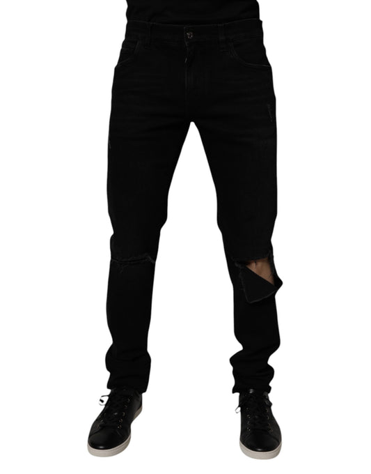 Dolce &amp; Gabbana Svarta Bomullsslitna Skinny Denim Jeans Herr