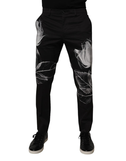Dolce &amp; Gabbana Svarta Blommiga Slim-Fit Byxor i Bomull