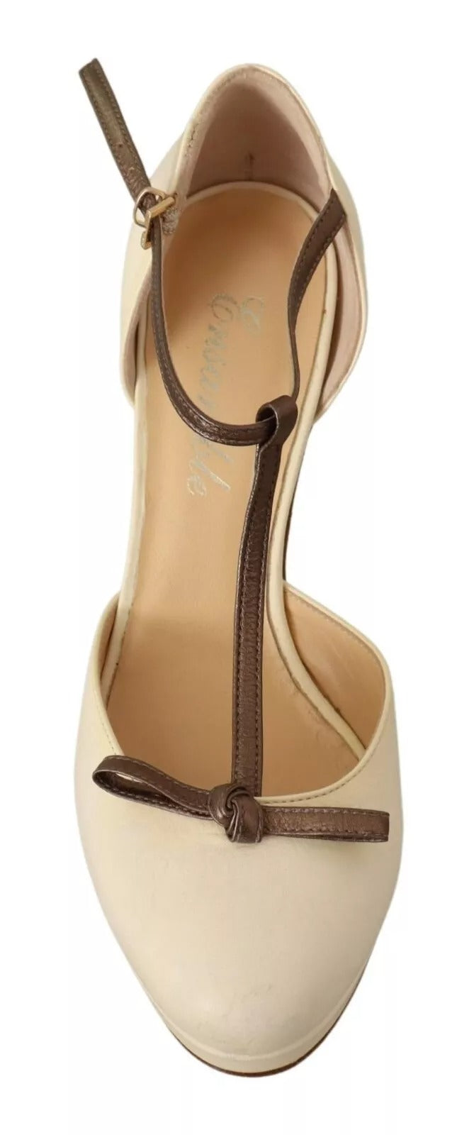 Beige T-stropp blokkhæler pumps skinnsko