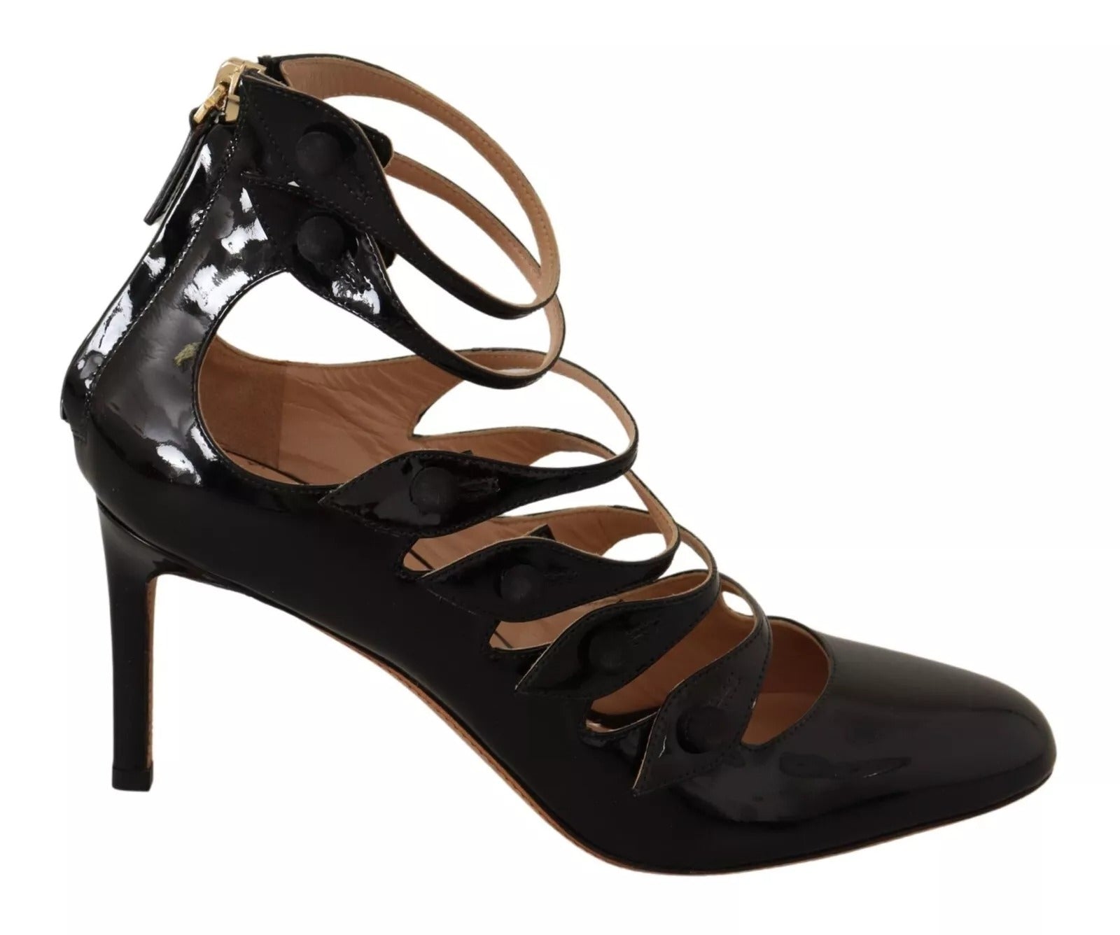 Svarta pumps med läderklack och flera remmar